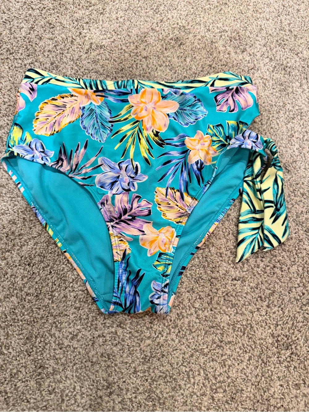 No Boundaries Teal Floral High Waist Swim Bottoms with Side Cutout Design